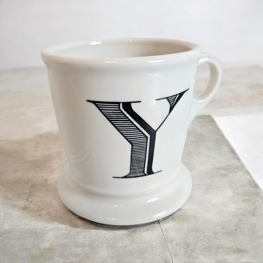 Anthropologie Monogram Y Mug 14oz Shaving Pedestal Coffee Cup Ivory Black